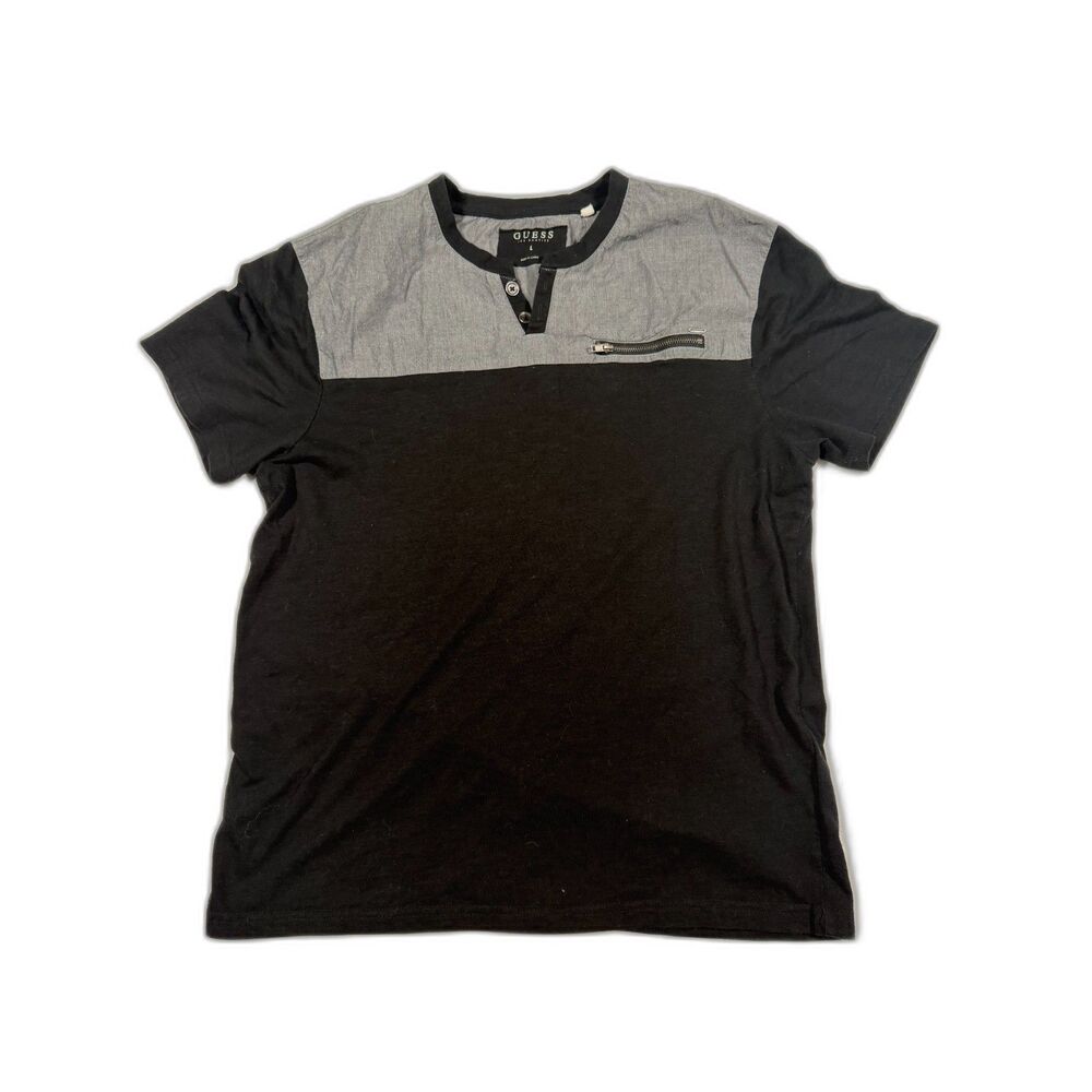 GUESS Men L Colorblock Henley Short Sleeve T-Shirt Black Grey Faux Zip Pocket
